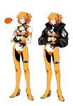 ... 1girl black_gloves black_jacket bodysuit breasts chinese_commentary cleavage_cutout clothing_cutout commentary_request cropped_jacket earrings fate/grand_order fate_(series) fujimaru_ritsuka_(female) fujimaru_ritsuka_(female)_(chaldea_combat_uniform) full_body gloves hair_between_eyes high_heels highres jacket jewelry multiple_earrings multiple_views official_alternate_costume one_side_up orange_bodysuit orange_eyes orange_hair short_hair simple_background speech_bubble spoken_ellipsis tight_clothes wedge_heels whaaa000 
