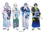  4boys :d ;d ahoge animal_on_shoulder animal_print aqua_eyes aqua_kimono asa_no_ha_(pattern) bird_print black_hair black_hakama black_haori black_kimono blue_hair blue_hakama blue_haori blue_streaks cat cat_on_shoulder checkered_clothes checkered_kimono closed_mouth clothing_cutout commentary_request copyright_notice creature crossed_arms double-parted_bangs dytica_(nijisanji) egasumi folded_fan folding_fan food fruit full_body fur_scarf gradient_hakama green_eyes green_scarf green_streaks grey_hair grey_hakama hair_between_eyes hakama hand_fan hand_on_own_hip haori haori_himo heterochromia holding holding_fan holding_kinchaku hoshirube_sho inami_rai iridescent_clothes japanese_clothes kimono kinchaku koyanagi_rou lineup long_hair long_sleeves looking_at_viewer male_focus mandarin_orange multicolored_hair multiple_boys murakumo_kagetsu nijisanji offering_hand official_art one_eye_closed otomo_(hoshirube_sho) otomo_(koyanagi_rou) outstretched_arm pouch print_hakama print_haori purple_eyes purple_hair purple_hakama purple_kimono sample_watermark sandals scarf short_hair sidelocks simple_background smile socks split-color_clothes standing streaked_hair striped_haori sweets_paradise tabi tentacle_print tucking_hair two-sided_fabric two-sided_sleeves two-tone_hair two-tone_haori virtual_youtuber watermark white_background white_cat white_hair white_hakama white_haori white_scarf white_socks wide_sleeves winged_animal woonak zouri 