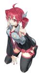  1girl absurdres ahoge black_collar boots bow breasts collar commentary cosplay drill_hair from_above grey_jacket grey_skirt hair_between_eyes hair_bow hatsune_miku hatsune_miku_(cosplay) highres jacket kasane_teto kasane_teto_(sv) kneeling long_sleeves looking_at_viewer red_eyes red_hair ribbon shirt sideboob simple_background skirt smile solo synthesizer_v thigh_boots thighhighs twin_drills utau vocaloid weeyi white_ribbon 