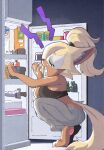  1girl alternate_costume ammunition_box animal_ears animal_nose barefoot beer_can black_sports_bra blonde_hair breasts brown_fur can claws closed_eyes commentary commission drink_can drink_carton english_commentary explosive fangs from_side full_body furry furry_female grenade grey_pants gun hand_to_own_mouth hand_up highres inkerton-kun juice_carton knife medium_breasts milk_carton multicolored_fur no_shirt open_mouth pants ponytail profile refrigerator refrigerator_interior second-party_source sideboob solo sonic_(series) sonic_the_hedgehog_(idw) sports_bra squatting sweatpants tail weapon whisper_the_wolf wolf_ears wolf_girl wolf_tail yawning yellow_fur 