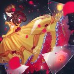  artist_name beauty_and_the_beast belle_(disney) brown_hair closed_eyes disney dress elbow_gloves flower frills glass_shards gloves hair_ornament long_hair lopuii mirror rose solo standing yellow_dress yellow_gloves 