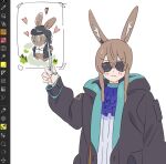  1girl amiya_(arknights) animal_ear_fluff animal_ears arknights art_program_in_frame ascot black_jacket blush closed_mouth commentary_request drawing_(object) hair_between_eyes highres holding holding_pointer hood hood_down hooded_jacket jacket jewelry long_sleeves looking_at_viewer medium_hair minogi007 multiple_rings open_clothes open_jacket partial_commentary pointer purple_ascot ring sidelocks solo sunglasses unfinished v-shaped_eyebrows 