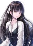  black_hair closed_mouth earrings haori_iori jewelry long_hair long_sleeves looking_at_viewer one_side_up original simple_background smile solo upper_body white_background yellow_eyes 