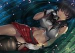  artist_name asdj bangs belt black_hair black_panties breasts cowboy_shot dated eyebrows_visible_through_hair garter_straps gloves grass highres kantai_collection large_breasts lifted_by_self long_hair looking_at_viewer lying midriff mouth_pull navel on_back outdoors panties pleated_skirt red_eyes red_skirt sailor_collar school_uniform serafuku single_thighhigh skirt skirt_lift sleeveless solo teeth thighhighs torn_clothes underwear white_gloves yahagi_(kantai_collection) 