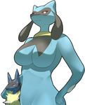  anthro big_breasts black_fur blue_fur breasts canine chest_spike duo female fur lucario macro male mammal micro nintendo nude pok&eacute;mon red_eyes riolu simple_background size_difference smile video_games yellow_fur ソリュウ 
