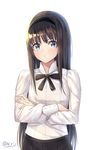  black_hair black_hairband black_ribbon black_skirt blue_eyes closed_mouth crossed_arms eyebrows_visible_through_hair hairband highres i.f.s.f long_hair looking_at_viewer neck_ribbon pleated_skirt ribbon shirt signature simple_background skirt solo standing toono_akiha tsukihime very_long_hair white_background white_shirt 