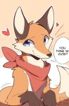ambiguous_gender brown_body brown_fur canid canine cute_fangs dialogue digital_drawing_(artwork) digital_media_(artwork) english_text fangs fox fur head_tuft hi_res kerchief kinozel looking_at_viewer mammal multicolored_body multicolored_fur orange_body orange_fur red_kerchief simple_background smile solo talking_to_viewer teeth text tuft