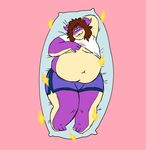  2017 3_toes :3 alien anthro bedroom_eyes belly big_belly biped black_eyes blue_bottomwear blue_clothing body_pillow brown_hair clothed clothing clothing_lift countershade_face countershade_torso countershading dakimakura_design dakimakura_pillow digital_drawing_(artwork) digital_media_(artwork) dragon front_view hair half-closed_eyes hand_behind_head harvey_(slimeymonsterguts) hi_res high-angle_view horn long_hair looking_at_viewer lying male moobs navel obese on_back overweight overweight_male pillow pink_background pinup pose purple_body purple_horn seductive shirt shirt_lift shorts simple_background slimeymonsterguts smile solo sparkling tan_body tan_countershading toes two_tone_body white_clothing white_topwear 