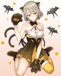  animal_ears bare_shoulders bat between_legs blush breasts brown_eyes brown_hair cat_ears cleavage closed_mouth collarbone commentary dress earrings eyebrows_visible_through_hair fake_animal_ears frown girls_frontline gloves gradient gradient_background halloween hand_between_legs head_tilt highres jack-o'-lantern jack-o'-lantern_earrings jewelry looking_at_viewer medium_breasts orange_legwear paw_gloves paws s-goon short_hair single_thighhigh sitting solo star thigh_strap thighhighs vector_(girls_frontline) wariza 