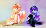  blonde_hair blue_eyes cosmic_hair duo equine feathered_wings feathers female friendship_is_magic hair hooves horn magnaluna mammal my_little_pony navel nude princess_celestia_(mlp) princess_luna_(mlp) red_hair sitting winged_unicorn wings 