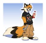 2024 3_toes anthro arm_tuft artist_name backwards_cap belt_loop beverage_bottle bottle bottomwear brown_body brown_fur canid canine cargo_pants clothing container dated digital_drawing_(artwork) digital_media_(artwork) dipstick_tail feet fox fur hands_in_both_pockets hi_res holding_object looking_at_another male mammal markings orange_body orange_fur pants soda_bottle solo tail tail_markings texansoda text toes toony tuft