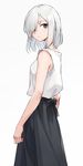  bangs bare_arms black_skirt blouse closed_mouth cowboy_shot from_side grey_eyes grey_hair hair_over_one_eye highres looking_at_viewer oopartz_yang original sidelocks silver_hair simple_background skirt sleeveless sleeveless_blouse solo tsurime uma_(oopartz_yang) white_background white_blouse 