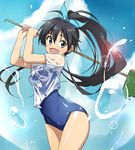  antenna_hair aqua_eyes black_hair bow cleaning_brush fang ganaha_hibiki hair_bow highres idolmaster idolmaster_(classic) lens_flare long_hair looking_at_viewer one-piece_swimsuit open_mouth ponytail school_swimsuit see-through solo splashing swimsuit swimsuit_under_clothes tokiani water_drop wet wet_clothes 