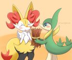 2022 ambiguous_anthro ambiguous_gender anthro artist_name biped blush bodily_fluids braixen canid digital_media_(artwork) duo english_description eyes_closed front_view frown generation_5_pokemon generation_6_pokemon hi_res holding_object holding_stick mammal nintendo pokemon pokemon_(species) servine side_view simple_background snout standing stick sweat sweatdrop text tsutajalove
