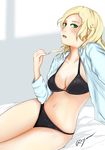  absurdres aikiyun arm_support black_bra black_panties blonde_hair blush bra breasts cleavage dress_shirt glynda_goodwitch green_eyes grey_background highres long_hair medium_breasts navel open_clothes panties playing_with_own_hair rwby shirt short_hair signature solo thighhighs underwear 
