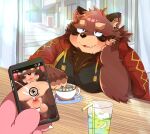 2026 anthro blush bodily_fluids botamochi_(tsurugi) brown_body brown_fur cafe canid canine cellphone censored clothed clothing cum duo ejaculation electronics fur genital_fluids genitals hi_res humanoid_genitalia humanoid_hands humanoid_penis kemono male mammal navel overweight overweight_male penis phone raccoon_dog sitting small_penis smartphone solo_focus tanuki tsurugi