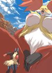  anthro big_breasts black_fur blue_fur blush breasts canine cloud delphox duo fangs female fox fur inner_ear_fluff macro male mammal mega_evolution mega_lucario micro micro_on_macro mountain nintendo nipples nude open_mouth pok&eacute;mon red_eyes red_fur red_nose size_difference video_games white_fur yellow_fur ソリュウ 