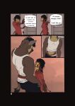 absurd_res animal_skin anthro band bedroom bottomwear bubble cargo_pants clothing comic dante_(demon_furray) demon demon_furray dialogue drawer duo english_text female hand_pawpads hi_res hyena male male_anthro mammal muscular nipples notched_ear pants pawpads pull_strings rura_(demon_furray) sassy shirt snout speech_bubble sweatshirt t-shirt tail tank_top text topwear trans_(lore) underwear