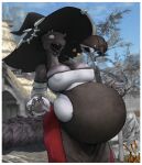 2025 anthro anthro_pred argonian belly big_belly big_breasts black_clothing black_hat black_headwear bodily_fluids border breast_squish breasts burping burping_up_clothing burping_up_object cleavage clothed clothed_anthro clothed_female clothing day detailed_background dripping female female_anthro female_pred front_view grey_body grey_scales hat headgear headwear hi_res microsoft myrri_(thenegativecage) nipple_outline non-mammal_breasts outside red_eyes reptile saliva saliva_drip same_size_vore scales scalie sharp_teeth solo squish standing tail teeth the_elder_scrolls thenegativecage thick_tail tight_clothing tongue tongue_out vore white_border wide_hips witch_hat