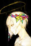  asymmetrical_hair bangs closed_mouth commentary_request halo highres hiranko looking_away male_focus mosaic original otoko_no_ko partial_commentary profile shirt short_hair short_hair_with_long_locks smile solo spot_color stained_glass 
