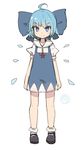  &gt;:) 1girl ahoge arms_at_sides blue_bow blue_dress blue_eyes blue_hair blush_stickers bobby_socks bow cirno closed_mouth dress eyebrows_visible_through_hair full_body large_bow looking_at_viewer puffy_short_sleeves puffy_sleeves shoes shone short_sleeves simple_background smile socks solo touhou v-shaped_eyebrows white_background 