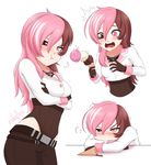  :t =3 belt blush brown_eyes brown_hair cropped_torso crossed_arms cslucaris food gloves heterochromia hips ice_cream ice_cream_cone jewelry melting multiple_necklaces necklace neo_(rwby) pants pink_eyes pink_hair pout rwby sprinkles surprised tight tight_pants trembling waffle_cone white_background 