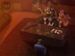 4:3 abs age_difference angry anthro arm_tattoo asian_elephant athletic between_legs black_hair blue_hair bottomwear brown_clothing brown_hair carpet chair chanda_(gray_the_horse) cigar clothed clothing collar dark_room dominant dominant_gynomorph dominant_intersex door duo ear_piercing ear_ring elephant elephantid fellatio femboy fishnet_clothing fishnet_legwear fur furniture gang green_clothing grey_body grey_hair grey_skin group gun gynomorph gynomorph/male hair hair_bun hand_on_leg hand_on_thigh hi_res indian_elephant intersex intersex/male jewelry ketandslaycomics large_intersex larger_intersex leather legwear male mammal money necklace office older_intersex open_bottomwear open_clothing open_pants oral pants penile piercing proboscidean ranged_weapon red_hair ring_piercing scared servant serving_tray sex shotgun size_difference slightly_chubby slightly_chubby_intersex smaller_male smoke smoking smoking_cigar sofa submissive submissive_male table tan_body tan_fur tattoo thong threatening threatening_with_weapon tusks underwear weapon white_body white_fur wood wood_furniture