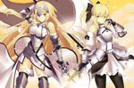  arm_up armor armored_boots armored_dress artoria_pendragon_(all) banner black_bow black_legwear blonde_hair boots bow breasts breasts_apart fate/apocrypha fate_(series) floating_hair gauntlets green_eyes grey_eyes hair_bow high_ponytail holding holding_sword holding_weapon jeanne_d'arc_(fate) jeanne_d'arc_(fate)_(all) large_breasts long_hair looking_at_viewer multiple_girls pantyhose qiye_yue saber_lily sword thigh_boots thighhighs very_long_hair weapon 