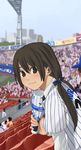  baseball baseball_bat baseball_uniform blush brown_eyes brown_hair commentary_request crowd day hair_between_eyes hair_ribbon long_hair long_sleeves looking_at_viewer low_twintails nippon_professional_baseball outdoors people ribbon seat shirt short_over_long_sleeves short_sleeves smile solo_focus sportswear stadium striped striped_shirt tamaru_tokihiko tress_ribbon twintails white_shirt yokohama_dena_baystars 