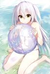  absurdres ahoge apeiria artist_name ball barefoot beachball bikini collarbone day eyebrows_visible_through_hair flat_chest front-tie_bikini front-tie_top green_eyes hair_between_eyes highres hikari_no_umi_no_apeiria holding holding_ball itsui_(dihydrogenmonoxid) kneeling long_hair looking_at_viewer navel outdoors parted_lips side-tie_bikini silver_hair solo swimsuit transparent twintails very_long_hair water white_bikini 