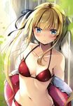  absurdres against_wall arms_behind_back bare_shoulders bikini blonde_hair blue_eyes blush breasts closed_mouth cowboy_shot fang_out frown halterneck highres innertube multi-strapped_bikini natsume_eri navel outdoors red_bikini saenai_heroine_no_sodatekata sawamura_spencer_eriri scan sidelocks small_breasts solo swimsuit twintails wet 