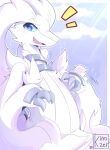ambiguous_gender blue_eyes blush blush_lines cute_fangs digital_drawing_(artwork) digital_media_(artwork) fangs fur generation_5_pokemon hi_res kinozel legendary_pokemon looking_at_viewer nintendo open_mouth open_smile pokemon pokemon_(species) reshiram signature smile solo teeth white_body white_fur