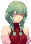  adapted_costume alternate_hairstyle bangs bare_shoulders blush braid closed_mouth commentary green_hair kaiza_(rider000) kazami_yuuka long_hair looking_away plaid plaid_shirt red_eyes shirt side_braid sleeveless sleeveless_shirt sleeveless_turtleneck solo touhou turtleneck twin_braids upper_body 