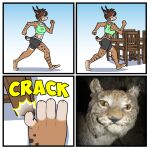 1:1 2026 4_toes 5_fingers anthro border bottomwear bra brown_body brown_fur brown_hair brown_spots brown_stripes brown_tail_tip chair claw_slits clothing comic countershade_feet countershade_hands countershade_legs countershade_tail countershade_thighs countershade_torso countershading crack_(sound_effect) digital_drawing_(artwork) digital_media_(artwork) dipstick_tail ear_piercing feet felid feline female fingers fur furniture green_bra green_clothing green_sports_bra green_underwear grey_bottomwear grey_clothing grey_shorts hair heresy_(artist) k2comix_stubbed_toe_meme lancer:_the_knights_of_fenris lynx mammal markings meme mika_fadeneir photography_(artwork) piercing shorts solo sound_effects sports_bra spots spotted_body spotted_fur striped_body striped_fur stripes stubbed_toe style_change sudden_realism table tail tail_markings tan_body tan_countershading tan_fur tan_toes text toeless_(marking) toes underwear white_border