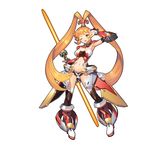  :d absurdres armor armpits bangs black_legwear blunt_bangs boots breasts commentary_request detached_collar detached_sleeves double-blade energy_weapon hair_ornament high_ponytail highres holding holding_weapon large_breasts long_hair looking_at_viewer navel official_art one_eye_closed open_mouth orange_hair ponytail sangai_senki short_shorts shorts simple_background smile solo standing sun_wukong_(sangai_senki) thighhighs thighhighs_under_boots v v-shaped_eyebrows v_over_eye vambraces very_long_hair weapon white_background yangsion yellow_eyes 