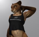  3d_(artwork) amber_eyes anthro athletic bottomless brown_eyes brown_fur claws clothed clothing digital_media_(artwork) feline female fur grey_background hand_behind_head jorie_(thirteeenth) lion looking_at_viewer mammal navel shirt simple_background solo tan_fur thirteeenth 