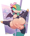 anus armwear bat_wings black_lips black_lipstick bow_(feature) butt chibi clitoris clothed clothing dancing female feral generation_5_pokemon genitals glistening glistening_body green_eyes heart_symbol hi_res legwear lips lipstick looking_at_viewer makeup membrane_(anatomy) membranous_wings money_sign mostly_nude nintendo partially_clothed pokemon pokemon_(species) pole pole_dancing presenting presenting_anus presenting_hindquarters presenting_vulva r-mk reptile scalie seducing_viewer seductive skimpy snake snivy snivy_brat solo spread_legs spreading tail_wear thick_thighs vulva wide_hips wings