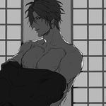  areolae collarbone greyscale ichimaru looking_at_viewer male_focus monochrome otegine parted_lips pectorals shaded_face sliding_doors solo sweat touken_ranbu undressing upper_body 