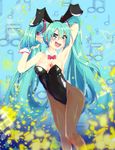 animal_ears aqua_eyes aqua_hair armpits beamed_eighth_notes black_leotard bow bowtie breasts brown_legwear bunny_ears bunny_tail bunnysuit cowboy_shot detached_collar eighth_note faon_ouji hatsune_miku highres leotard long_hair looking_at_viewer musical_note open_mouth pantyhose quarter_note red_bow red_neckwear small_breasts smile solo standing strapless strapless_leotard tail twintails upper_teeth very_long_hair vocaloid wrist_cuffs 