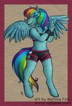  2013 anthro anthrofied armband bra clothing equine female friendship_is_magic looking_at_viewer mammal my_little_pony open_mouth pegasus rainbow_dash_(mlp) shorts sigil simple_background smile solo standing underwear wings 
