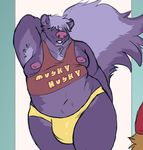  2017 ambiguous_gender anthro armpit_hair barazoku belly big_belly biped bulge cheek_tuft chest_tuft clothed clothing countershade_tail countershading digital_drawing_(artwork) digital_media_(artwork) doorway duo ear_piercing english_text fluffy fluffy_tail front_view fur hair hair_over_eyes hairy hand_behind_head hi_res long_tail male mammal midriff moobs multicolored_tail navel nipples open_mouth overweight overweight_male piercing pink_nipples pink_nose pinup portrait pose purple_fur purple_hair purple_tail red_clothing red_topwear shirt short_hair skunk slimeymonsterguts solo_focus standing striped_tail stripes stubble tank_top text thick_thighs three-quarter_portrait tuft underwear yellow_bottomwear yellow_clothing 