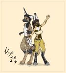 absurd_res anthro belt blue_eyes boots border bottomwear brown_eyes canid canine canis cargo_pants clothing duo female footwear hi_res inner_ear_fluff jackal male mammal navel notsoslyfoxxo pants shoes shorts smile tuft yellow_border