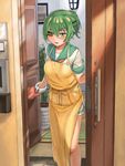  absurdres apron blush collarbone commentary_request door eyepatch green_eyes green_hair hair_between_eyes highres indoors kantai_collection kiso_(kantai_collection) looking_at_viewer neckerchief open_mouth opening_door oven_mitts painting_(object) plant ponytail potted_plant rug sailor_collar school_uniform serafuku shieni short_hair short_sleeves smile solo tile_floor tiles wooden_floor 