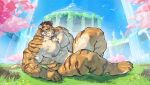 2026 abs absurd_res anthro barazoku biceps big_muscles big_pecs blue_eyes blue_highlights blue_sky brown_hair calf_muscles cherry_blossom cherry_blossom_tree cherry_tree claws deltoids eyewear felid finger_claws flower forearm_muscles fruit_tree fur garden gazebo glasses grass hair hi_res highlights_(coloring) lying male mammal muscular muscular_anthro muscular_male muscular_thighs nipples nude on_ground on_side orange_body orange_fur pantherine pecs plant prunus_(flower) roganlin sky solo striped_body striped_fur stripes tail tiger toe_claws trapezius tree triceps waterfall white_body white_fur