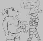 blueespresso69 blush canid canine clothing dog_man_(character) dog_man_(series) duo felid feline hair hi_res male mammal monochrome overweight petey_the_cat simple_background simple_coloring underwear weight_difference