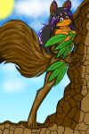 2:3 anthro black_hair blue_sky breasts brown_body brown_eyes brown_fur canid canine canis cloud convenient_censorship dlnan0 feet female fur grey_body grey_fur hair highlights_(coloring) hindpaw leaf leaves_on_body mammal nan0_(dlnan0) nude_anthro orange_body orange_fur patterned_fur paws purple_highlights sky solo sun tail vtuber wolf