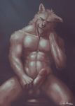  2016 abs anthro athletic balls black_nose blue_eyes brown_fur canine digital_media_(artwork) erection front_view fur grin hand_on_shoulder hanukami hi_res humanoid_penis looking_at_viewer male mammal muscular muscular_male nipples nude pecs penis presenting presenting_penis retracted_foreskin sitting smile solo uncut wolf 
