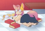ahoge ambiguous_gender big_butt book bottomwear burger butt checkered checkered_floor clothing deerling eyewear female_(lore) feral food fries furniture generation_5_pokemon glasses hair hi_res nanabsylve nerd nintendo pokemon pokemon_(species) school_uniform shirt skirt slightly_chubby solo spiral_glasses spring_deerling table topwear translucent translucent_clothing translucent_shirt translucent_topwear tripping uniform