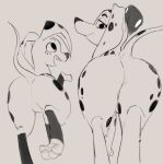 101_dalmatian_street 101_dalmatians big_butt butt canid canine canis dalmatian delilah_(101_dalmatians) disney dolly_(101_dalmatians) domestic_dog duo female feral looking_at_another looking_back mammal open_mouth pawpads smile spots unknown_artist