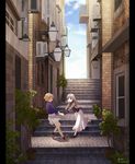  :d :o bad_id bad_pixiv_id balcony black_eyes black_legwear black_shirt blonde_hair blue_shirt blue_sky brick_wall brown_footwear city cloud cloudy_sky commentary_request day door flower fujino_iro grey_hair grey_jacket grey_skirt highres holding_hands house jacket lamp long_hair long_skirt long_sleeves multiple_girls open_clothes open_jacket open_mouth outdoors parted_lips pillarboxed plant playing pleated_skirt potted_plant road running scenery shirt shoes short_hair signature skirt sky smile socks stairs standing street striped striped_shirt tree twitter_username white_legwear white_skirt window 